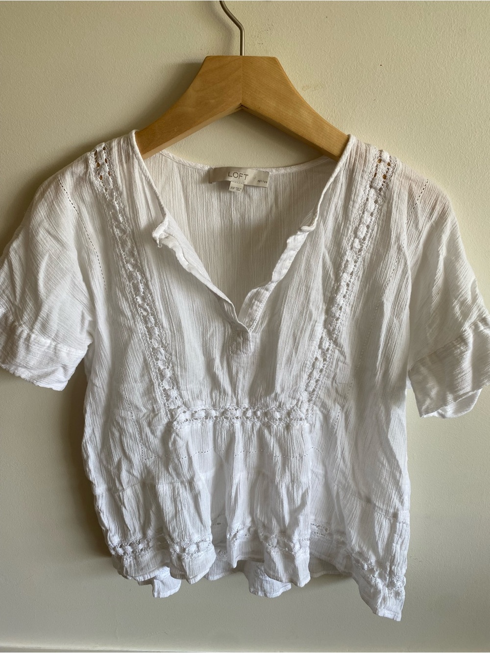LOFT White Lace Crochet Short Sleeve Blouse Gauze Cotton Peasant Top XS
